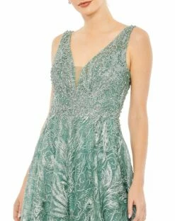 V-Neck Low Cut Back Floral Embroidered A-Line Dress 13 V-Neck Low Cut Back Floral Embroidered A-Line Dress -Women's Skirt 20422 SEA 3 WS