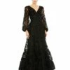 V Neck Puff Sleeve A Line Embroidered Gown