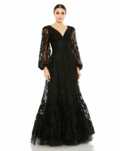 V Neck Puff Sleeve A Line Embroidered Gown