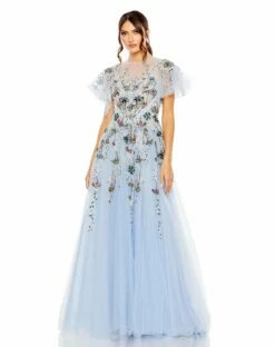 Embellished Multi Color Flutter Sleeve A-Line Dress