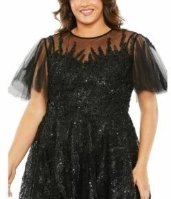 High Neck Flutter Sleeve A Line Embellished Dress -Women's Skirt 20477 Black CL