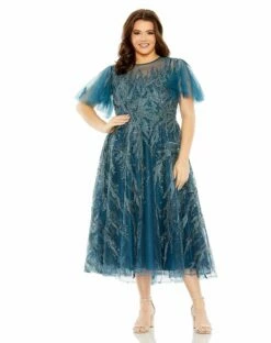 High Neck Flutter Sleeve A Line Embellished Dress -Women's Skirt 20477 Ocean AB