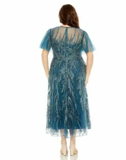 High Neck Flutter Sleeve A Line Embellished Dress -Women's Skirt 20477 Ocean BK