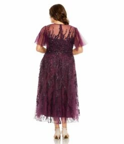 High Neck Flutter Sleeve A Line Embellished Dress -Women's Skirt 20477 Plum BK