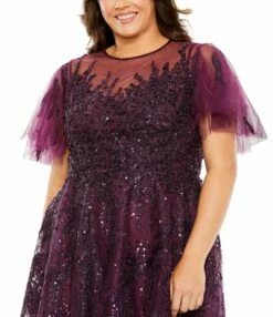 High Neck Flutter Sleeve A Line Embellished Dress -Women's Skirt 20477 Plum CL