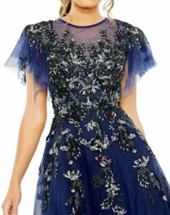 Flutter Sleeve High Neck Embellished Floral Dress -Women's Skirt 20510 Midnight CL