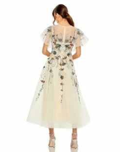 Flutter Sleeve High Neck Embellished Floral Dress -Women's Skirt 20510 Nude BK