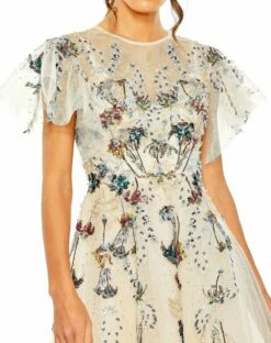 Flutter Sleeve High Neck Embellished Floral Dress -Women's Skirt 20510 Nude CL