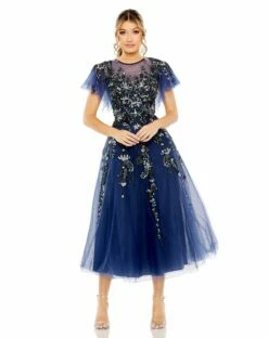 Flutter Sleeve High Neck Embellished Floral Dress