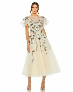 Flutter Sleeve High Neck Embellished Floral Dress -Women's Skirt 20510 NUD Default 1 WS