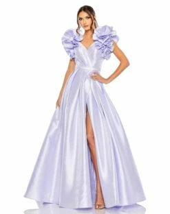 V-Neckline Flutter Sleeve Ball Gown With Slit