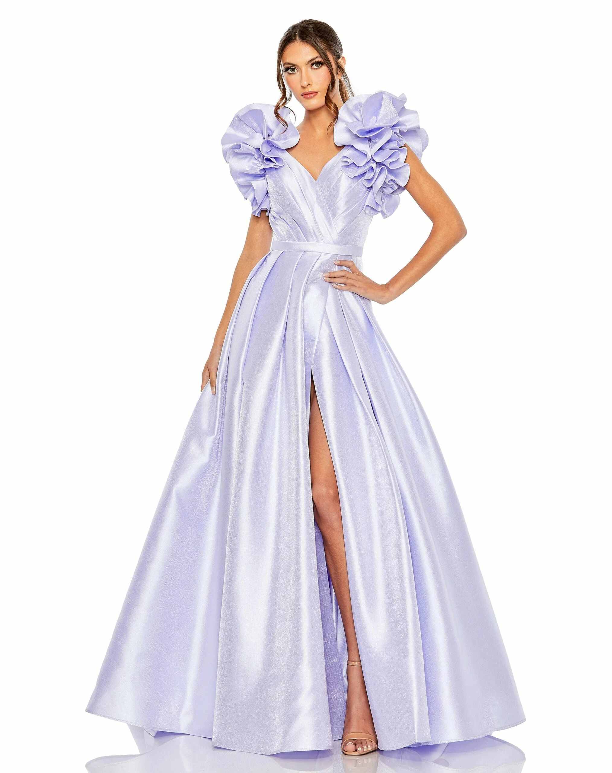 V-Neckline Flutter Sleeve Ball Gown With Slit 3 V-Neckline Flutter Sleeve Ball Gown With Slit