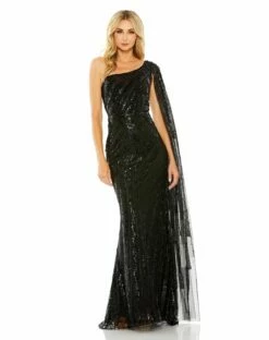 One Shoulder Cape Sleeve Embellished Gown -Women's Skirt 20528 Black AB