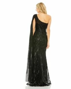 One Shoulder Cape Sleeve Embellished Gown -Women's Skirt 20528 Black BK