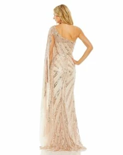 One Shoulder Cape Sleeve Embellished Gown -Women's Skirt 20528 RoseGold BK