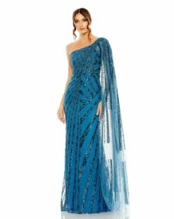 One Shoulder Cape Sleeve Embellished Gown