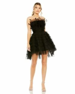 Feathered Strapless Tulle Fit And Flare Dress -Women's Skirt 20529 Black AB