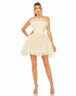 Feathered Strapless Tulle Fit And Flare Dress -Women's Skirt 20529 Ivory AB