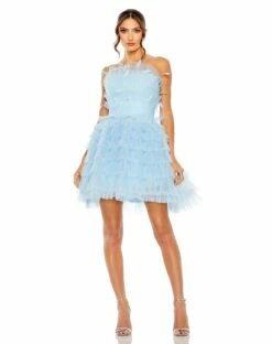 Feathered Strapless Tulle Fit And Flare Dress