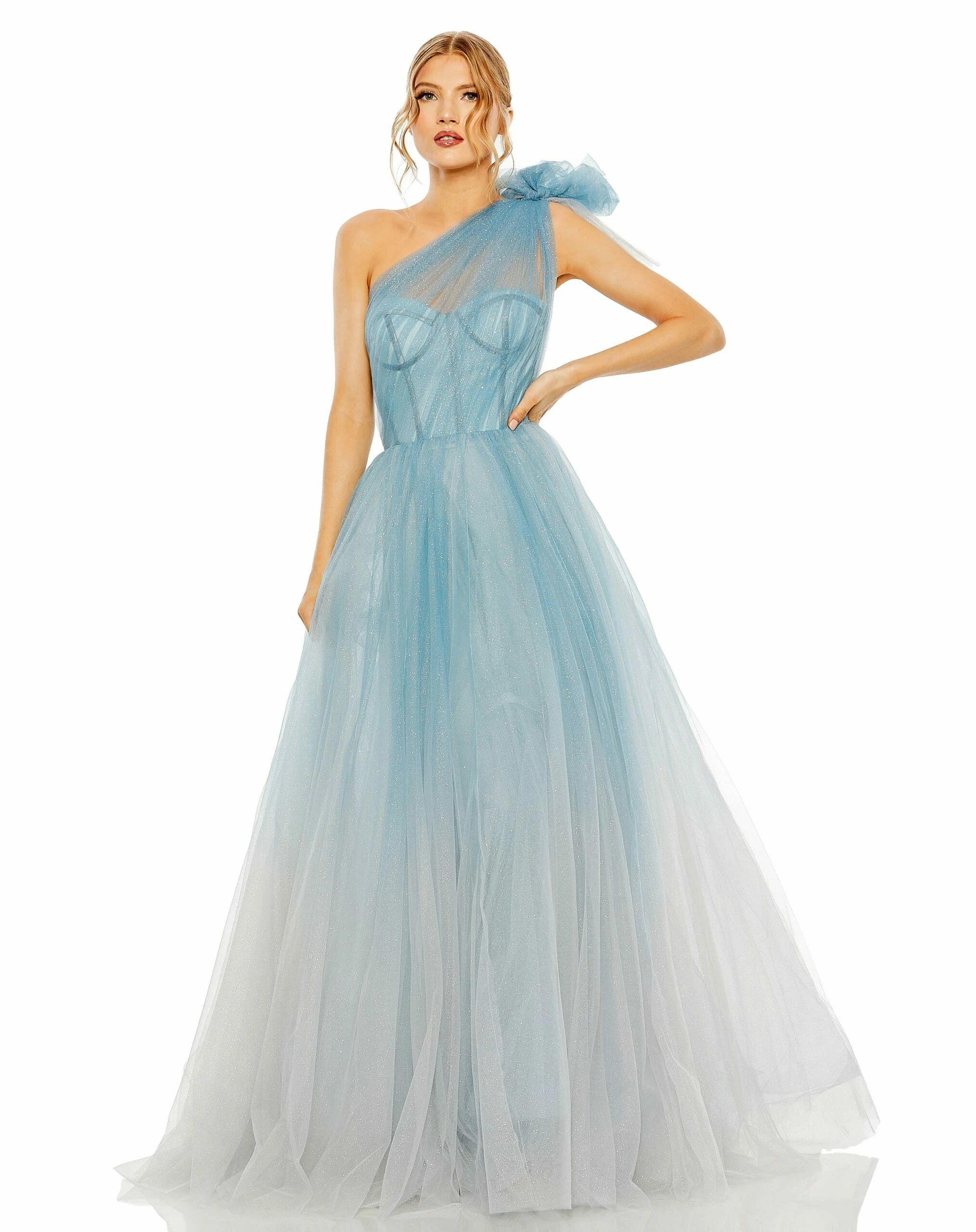 Glitter One-Shoulder Ombre Gown With Bow 3 Glitter One-Shoulder Ombre Gown With Bow