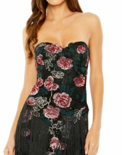 Strapless Floral Embroidered Midi Dress With Fringe Detailing 7 Strapless Floral Embroidered Midi Dress With Fringe Detailing -Women's Skirt 20577 Black CL