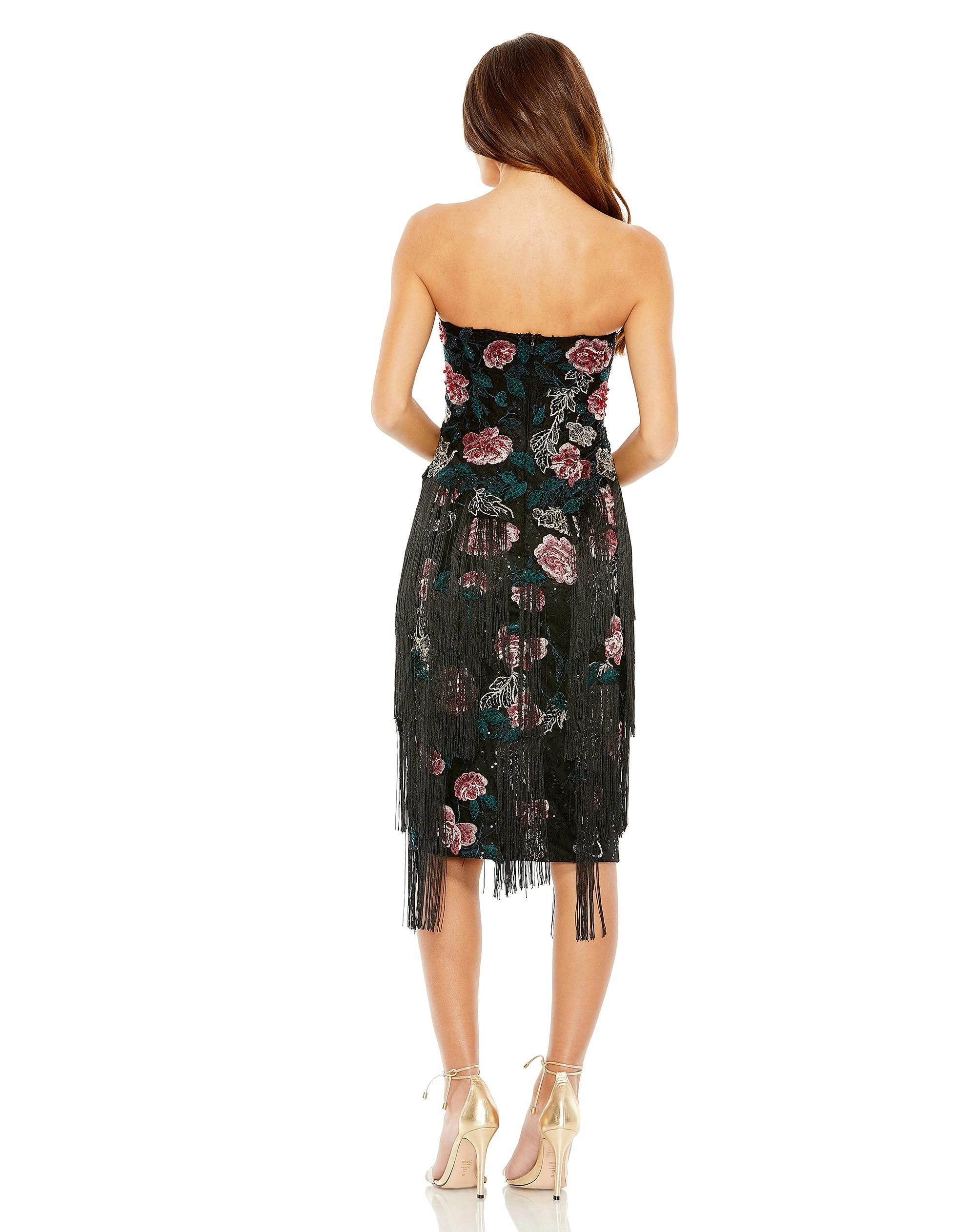 Strapless Floral Embroidered Midi Dress With Fringe Detailing 4 Strapless Floral Embroidered Midi Dress With Fringe Detailing - Image 2
