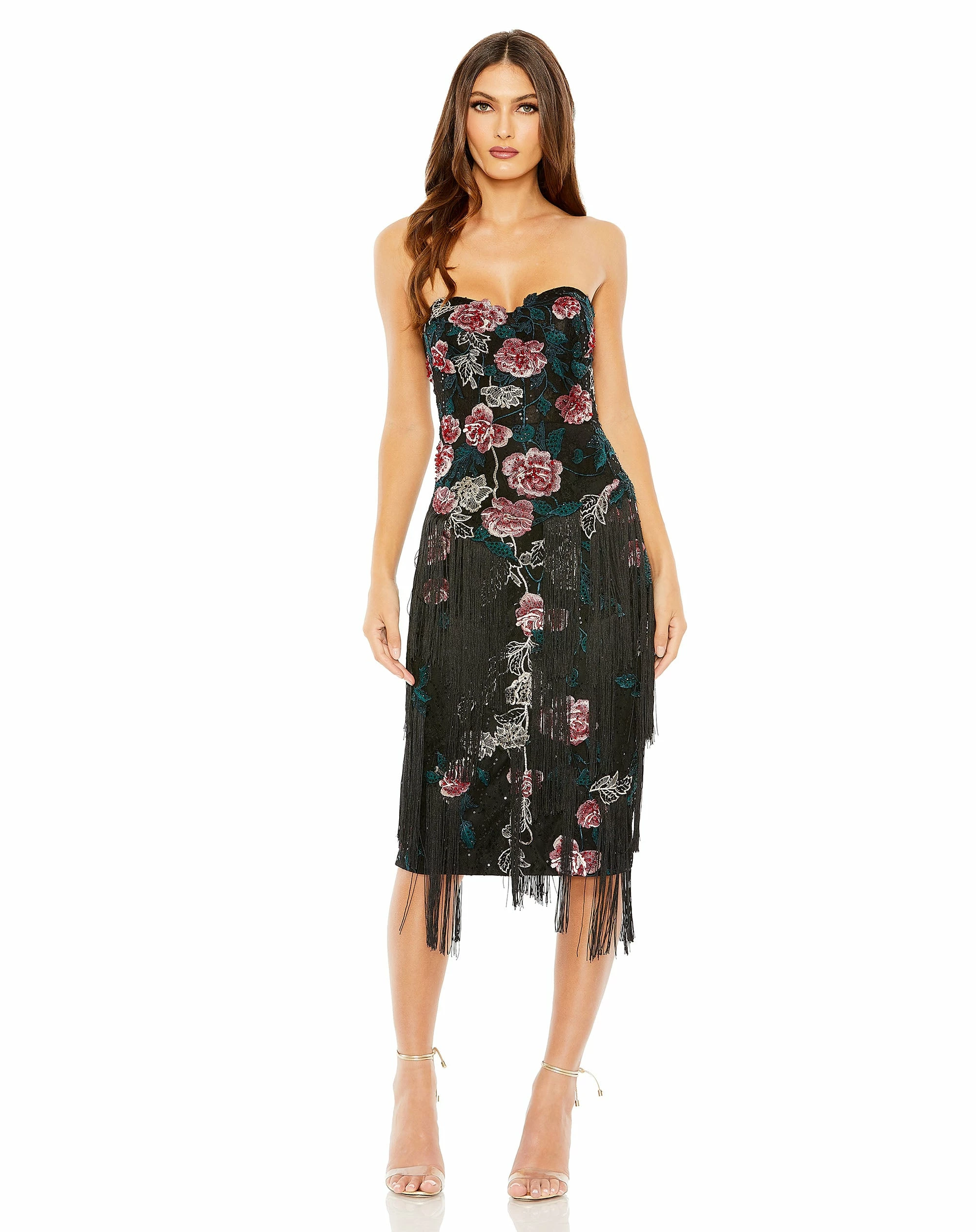 Strapless Floral Embroidered Midi Dress With Fringe Detailing 3 Strapless Floral Embroidered Midi Dress With Fringe Detailing