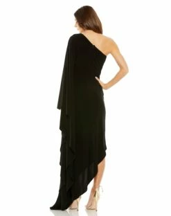 One Shoulder Cape Sleeve Ruched Detail Jersey Gown -Women's Skirt 20673 BLK 2 WS