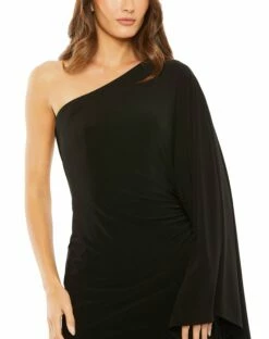 One Shoulder Cape Sleeve Ruched Detail Jersey Gown -Women's Skirt 20673 BLK 3 WS