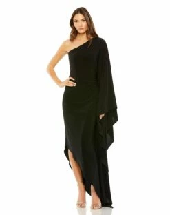 One Shoulder Cape Sleeve Ruched Detail Jersey Gown -Women's Skirt 20673 BLK Default 1 WS