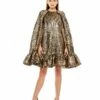 High Neck Cape Sleeve Metallic Trapeze Mini Dress 2 High Neck Cape Sleeve Metallic Trapeze Mini Dress -Women's Skirt 20700 Bronze AB