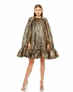 High Neck Cape Sleeve Metallic Trapeze Mini Dress
