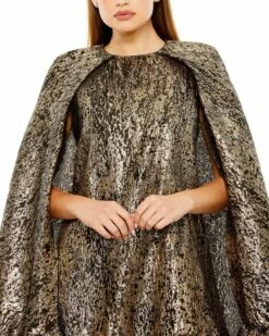 High Neck Cape Sleeve Metallic Trapeze Mini Dress -Women's Skirt 20700 Bronze CL