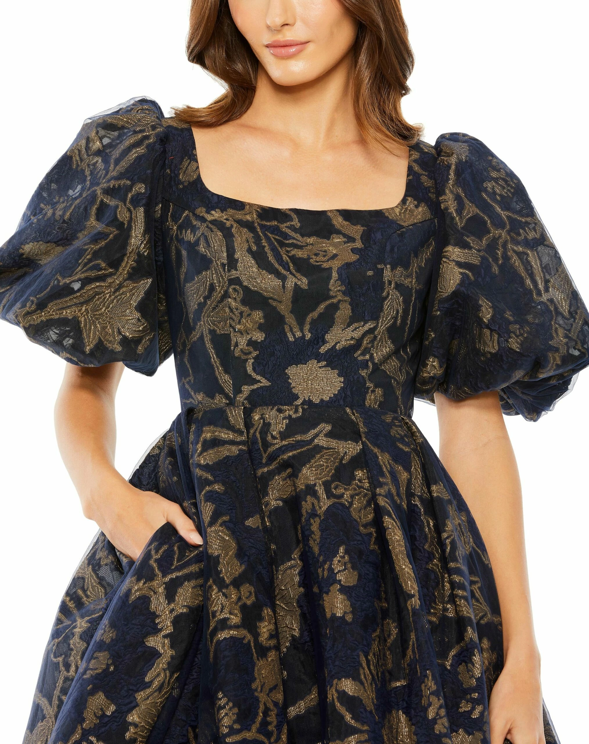 Puff Sleeve Brocade Midi Dress With Pockets 5 Puff Sleeve Brocade Midi Dress With Pockets - Image 3