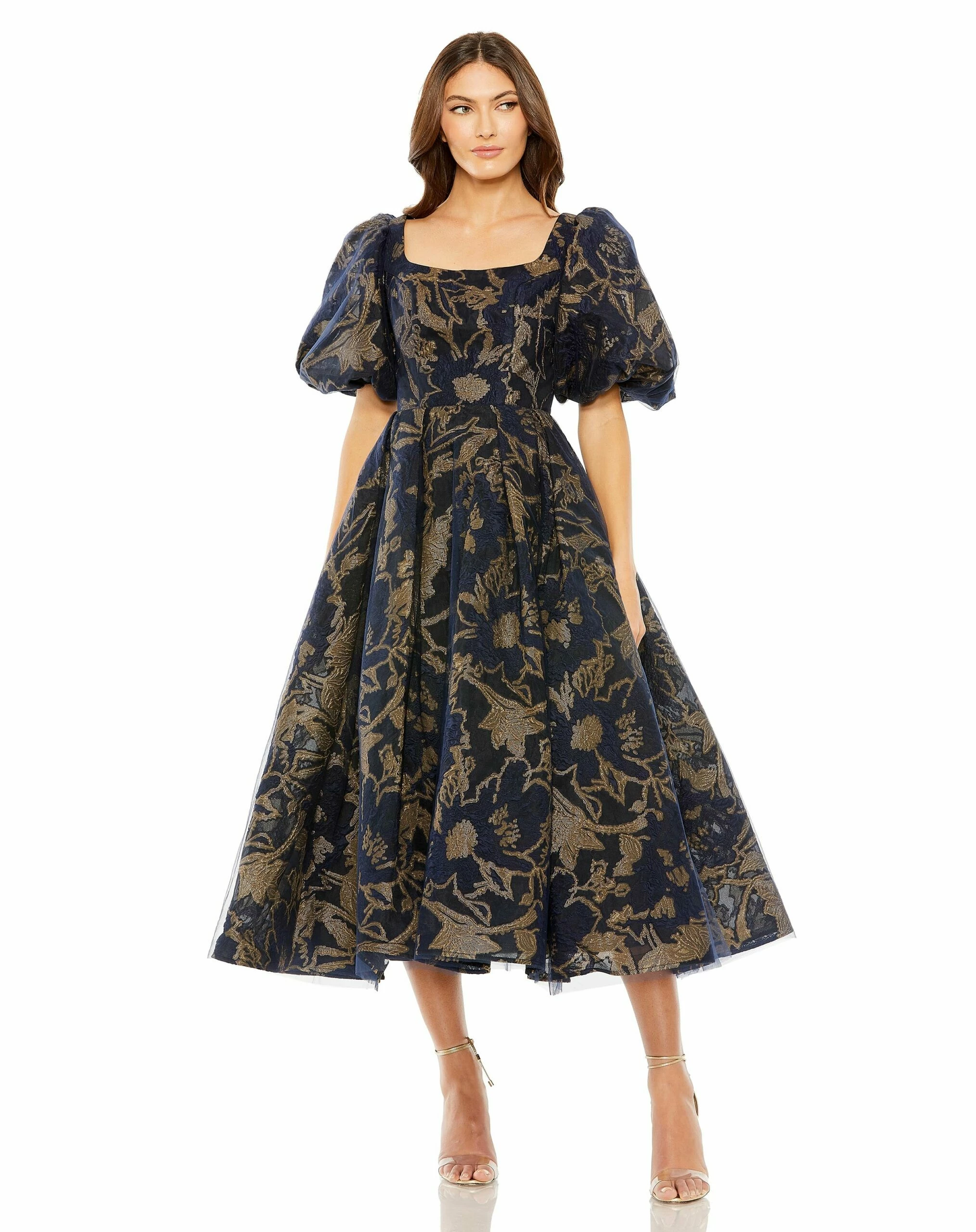 Puff Sleeve Brocade Midi Dress With Pockets 3 Puff Sleeve Brocade Midi Dress With Pockets