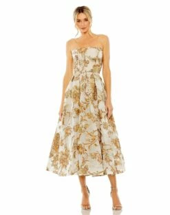 Strapless Brocade Midi Dress With Pockets