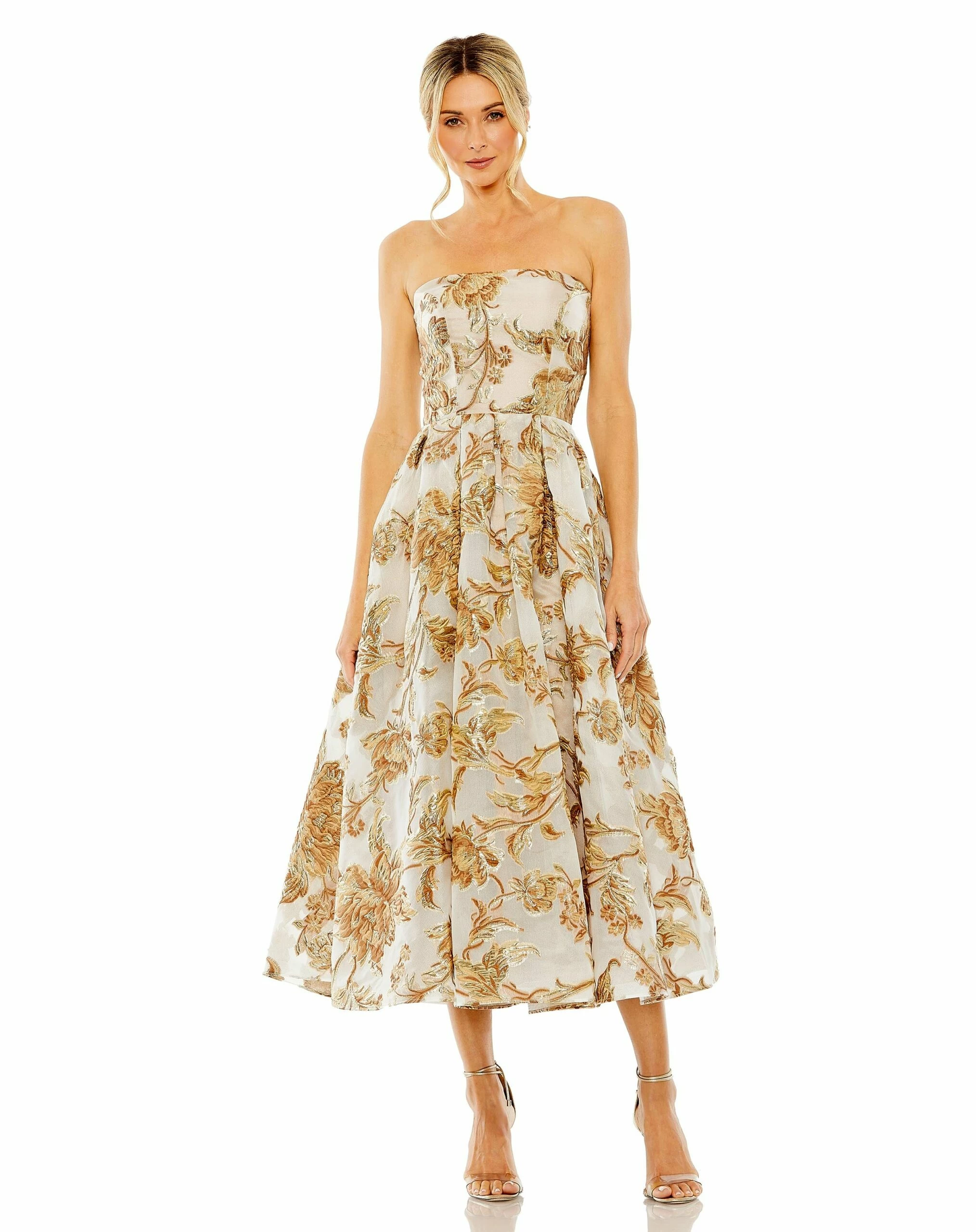 Strapless Brocade Midi Dress With Pockets 3 Strapless Brocade Midi Dress With Pockets
