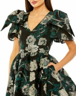 Bow Shoulders Brocade V-Neck Mini Dress With Pockets -Women's Skirt 20721 Emerald CL