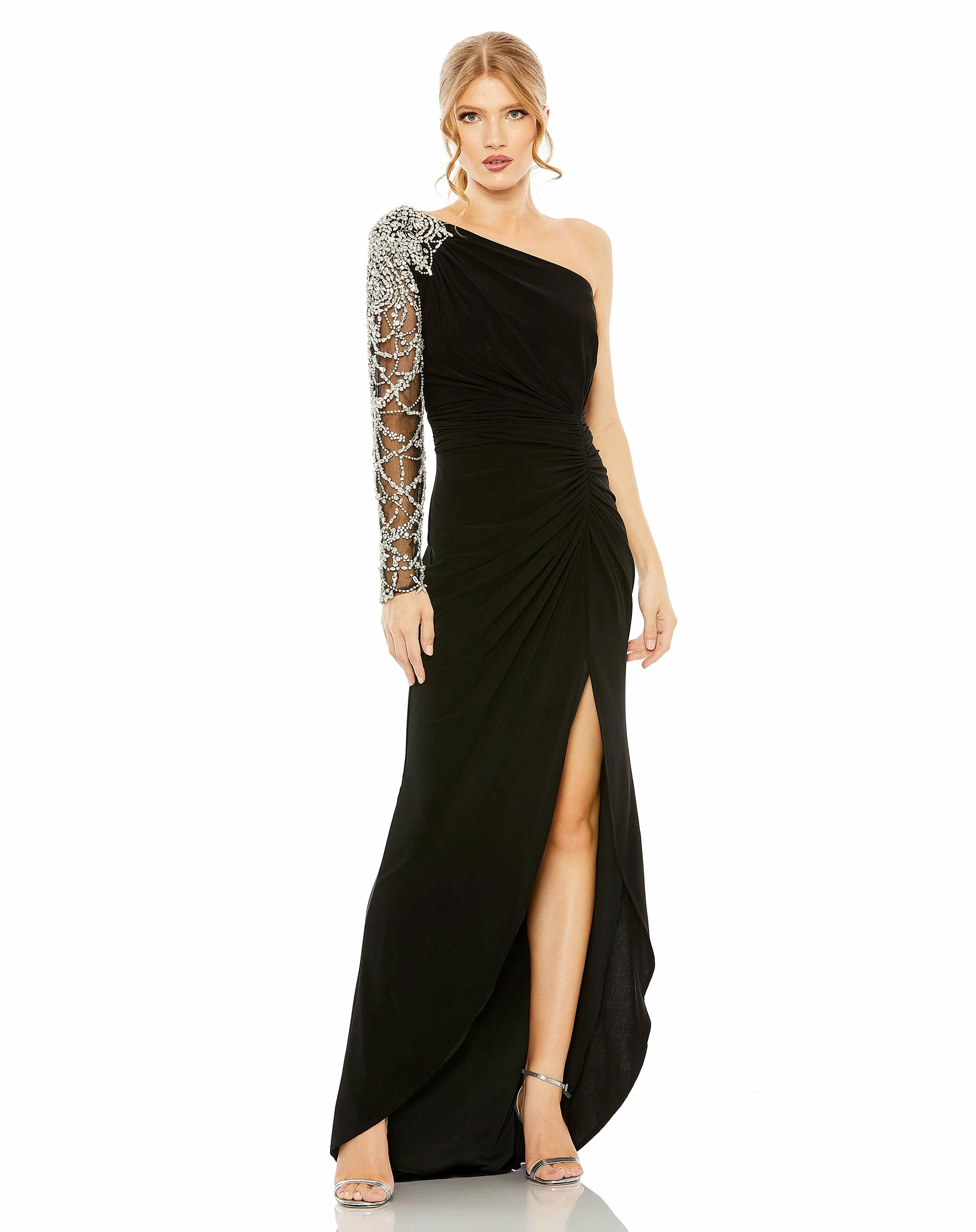 Embellished One Shoulder Long Sleeve Gown 3 Embellished One Shoulder Long Sleeve Gown