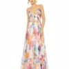 Plunge Neck Embellished A Line Floral Print Gown -Women's Skirt 2219 WhiteMulti AB