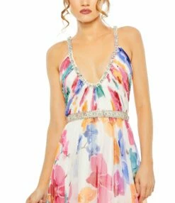 Plunge Neck Embellished A Line Floral Print Gown -Women's Skirt 2219 WhiteMulti CL