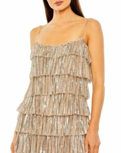 Beaded Strap Sequin Ruffle Mini Dress -Women's Skirt 23001 NudeSilver CL