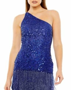 One Shoulder Fringe Beaded Mini Dress -Women's Skirt 24011 Cobalt CL