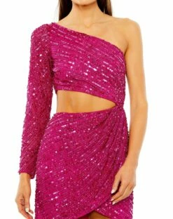 One Sleeve Cut-Out Draped Front Beaded Mini Dress 7 One Sleeve Cut-Out Draped Front Beaded Mini Dress -Women's Skirt 24016 Fuchsia CL