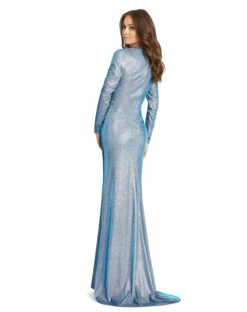 Metallic Twist Front Plunging Long Sleeve Gown -Women's Skirt 26194 BlueShimmer BK