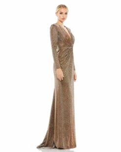 Metallic Twist Front Plunging Long Sleeve Gown -Women's Skirt 26194 BRZ 4 WS