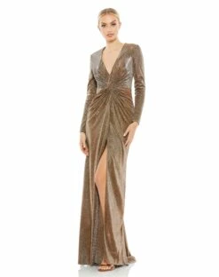 Metallic Twist Front Plunging Long Sleeve Gown