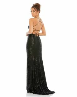 Stretch Sequin Lace Up Back Evening Gown 15 Stretch Sequin Lace Up Back Evening Gown -Women's Skirt 26269 BLK 2 WS