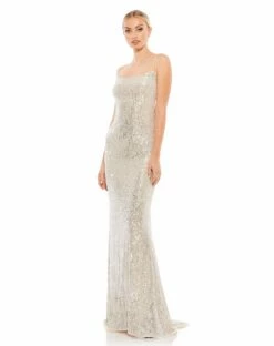 Stretch Sequin Lace Up Back Evening Gown