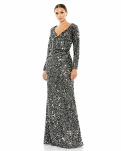 Long Sleeve Sequined Gown 13 Long Sleeve Sequined Gown -Women's Skirt 26445 BlackSilver AB